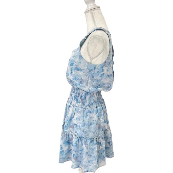 KLD Signature Blue Watercolor Sleeveless Smocked  Mini Dress V Neck Size Medium - Picture 3 of 12
